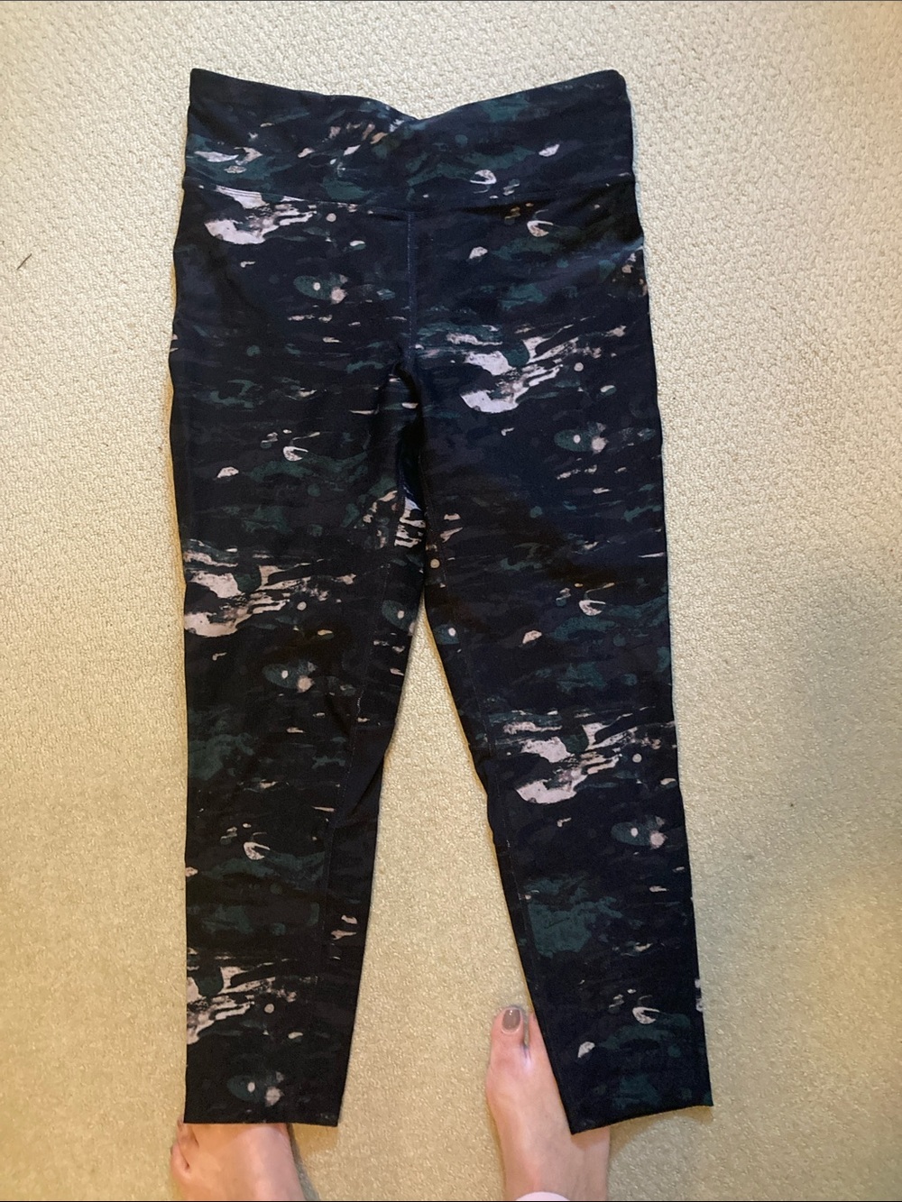 Donna Karan Black Leggings with Green and Light Pink Abstract Print
